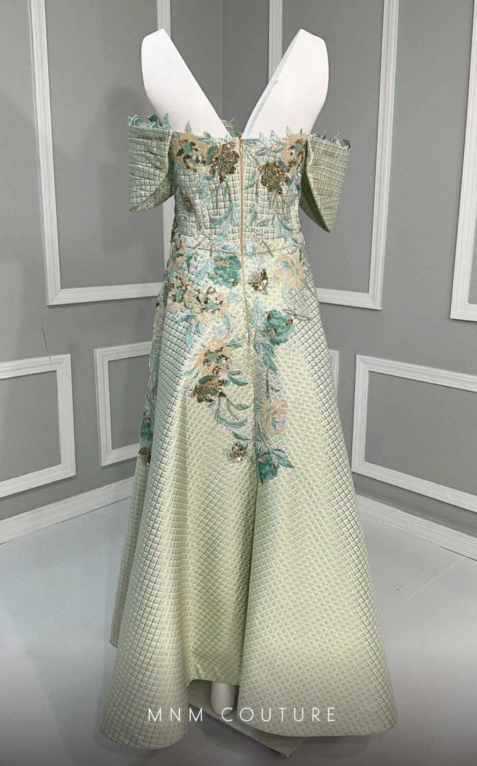 MNM Couture K4217 Embroidery Cap Sleeves Tea-length Dress