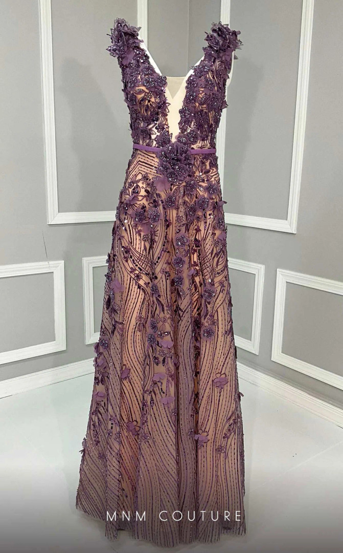 MNM Couture K4222 Floral Illusion V-Neck Strap Sleeve Gown