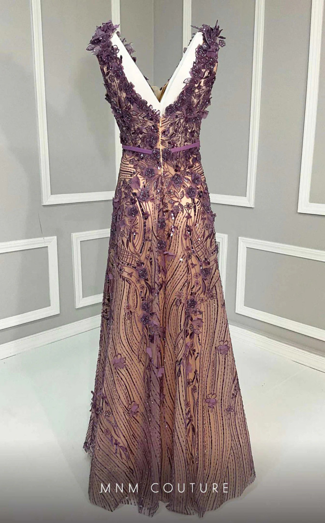 MNM Couture K4222 Floral Illusion V-Neck Strap Sleeve Gown
