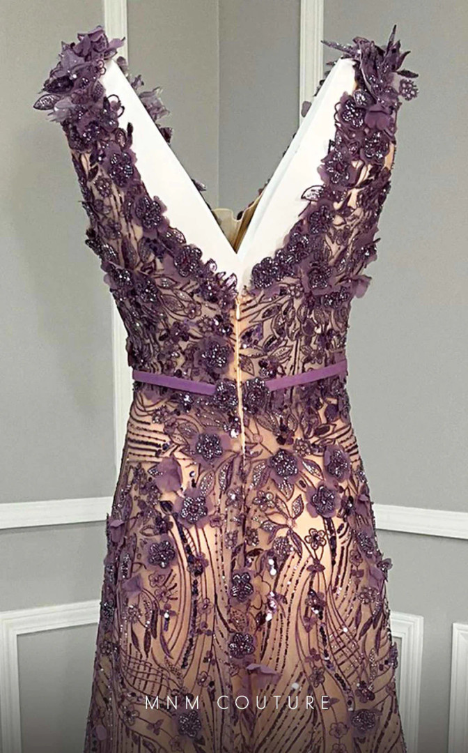 MNM Couture K4222 Floral Illusion V-Neck Strap Sleeve Gown