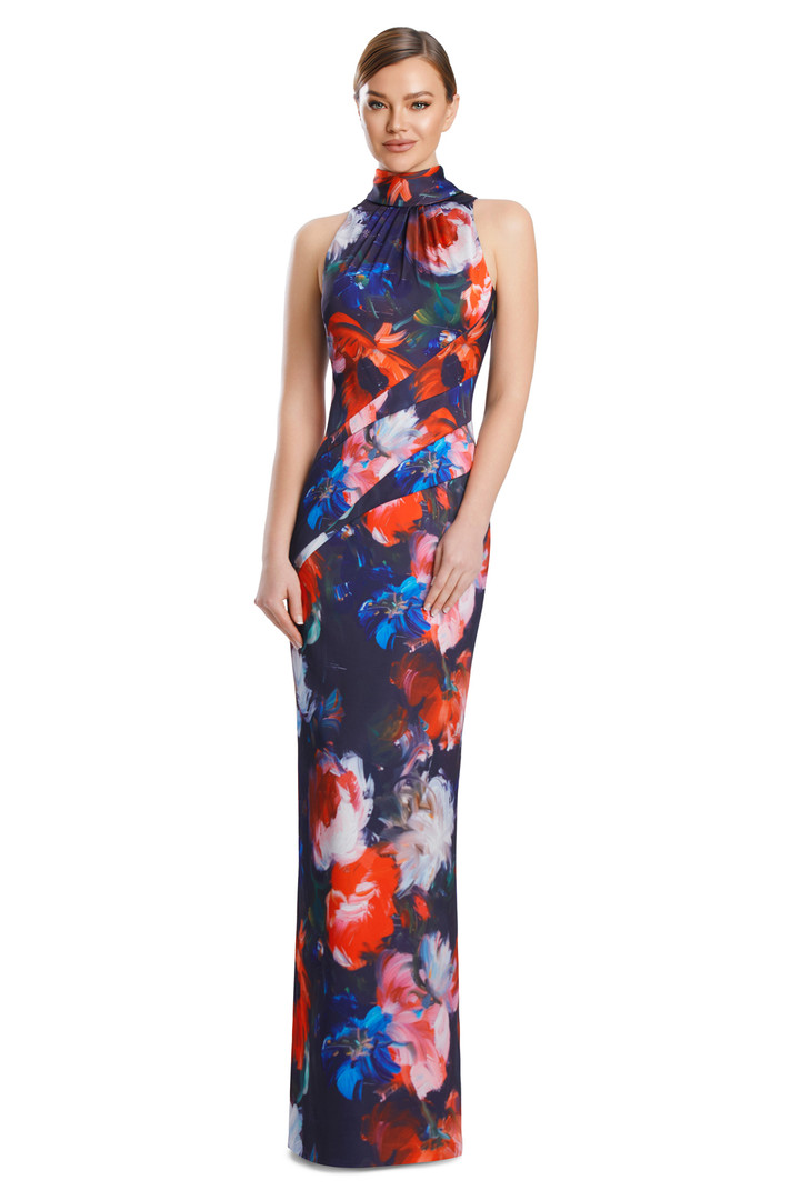 Alexander by Daymor 3201 Printed Satin Back-Tie Halter Gown