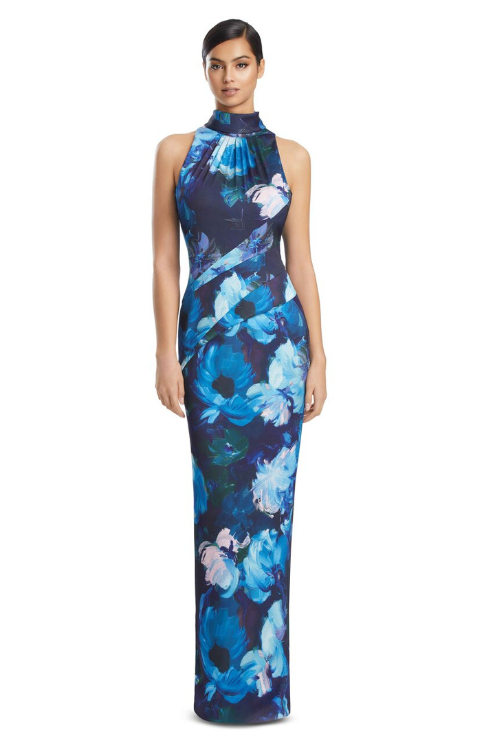 Alexander by Daymor 3201 Printed Satin Back-Tie Halter Gown