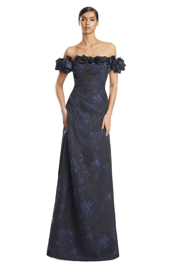 Alexander by Daymor 3216 Brocade 3D Flower Off Shoulder Gown