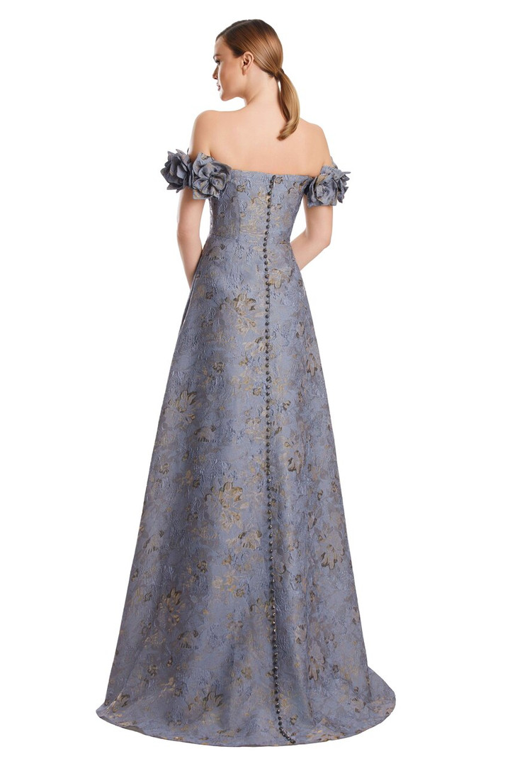 Alexander by Daymor 3216 Brocade 3D Flower Off Shoulder Gown