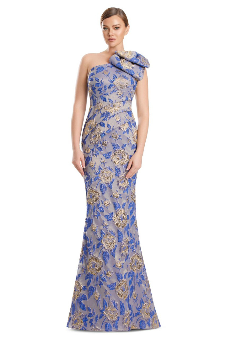 Alexander by Daymor 3233 Brocade One Shoulder Bow Long Gown
