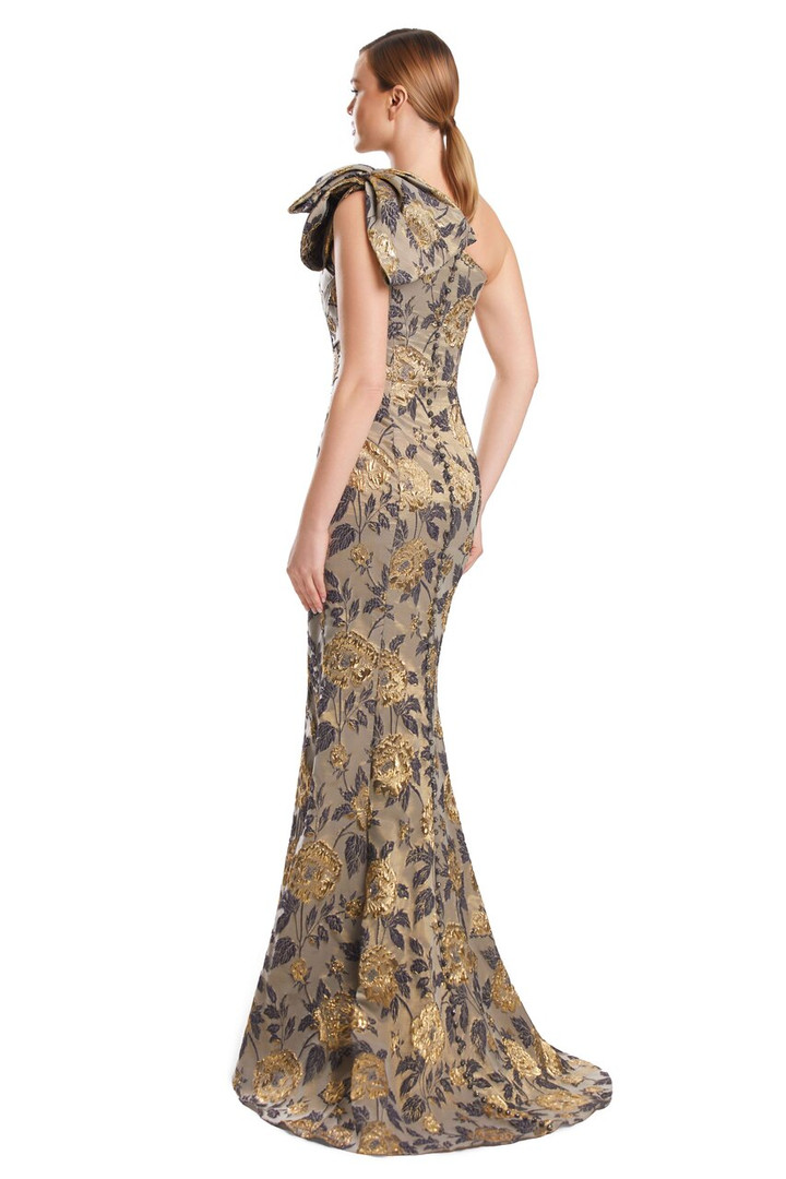 Alexander by Daymor 3233 Brocade One Shoulder Bow Long Gown