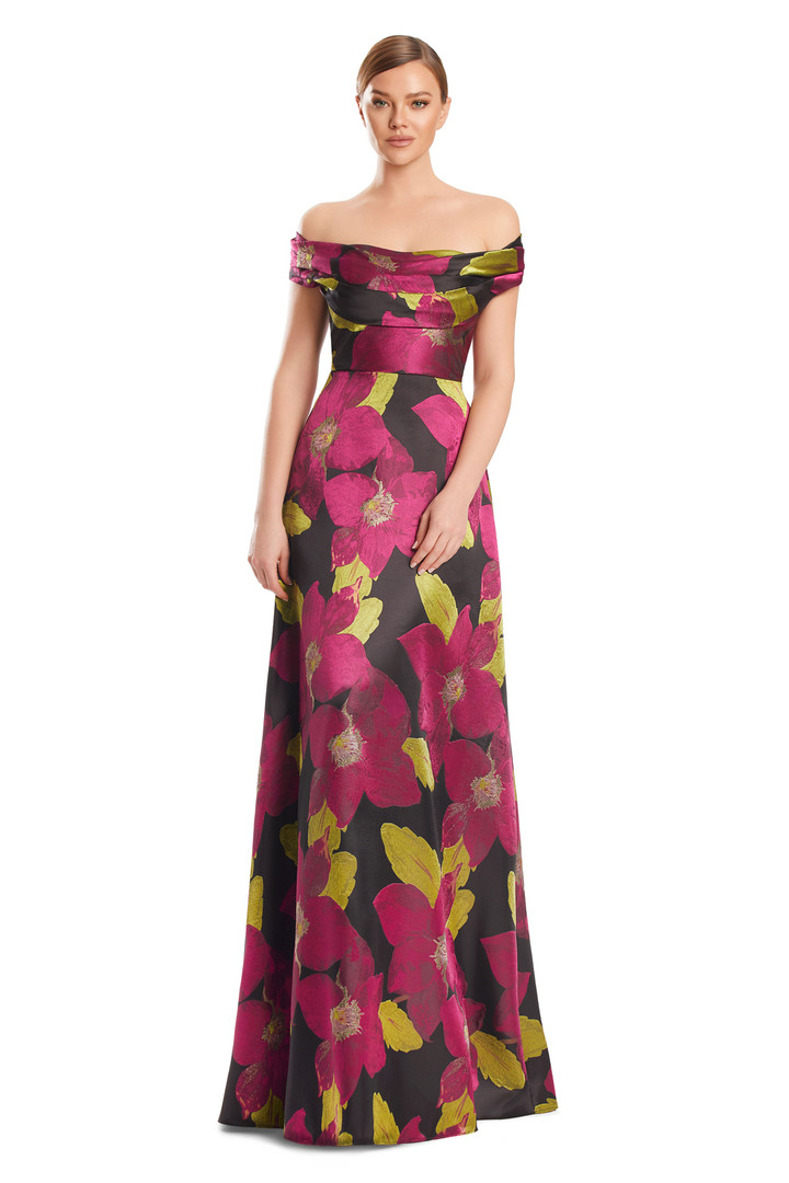 Alexander by Daymor 3247 Brocade Draped Off Shoulder Gown