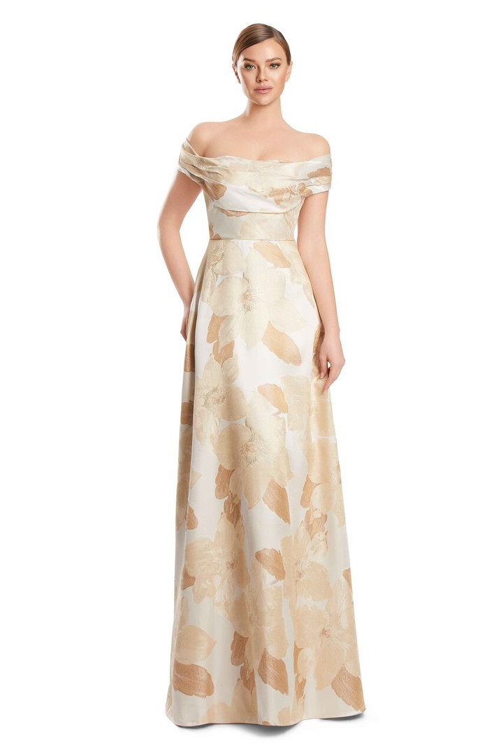 Alexander by Daymor 3247 Brocade Draped Off Shoulder Gown