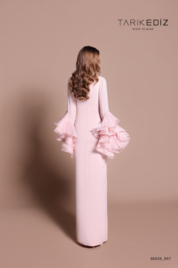 Tarik Ediz 66526 Crepe Organza Long Ruffle Sleeves Dress