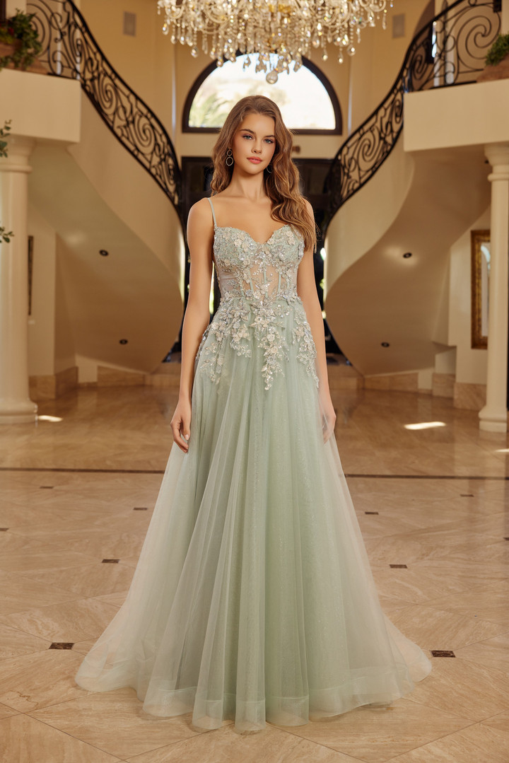 Nox Anabel G1787 Illusion Boned Spaghetti Straps Prom Gown