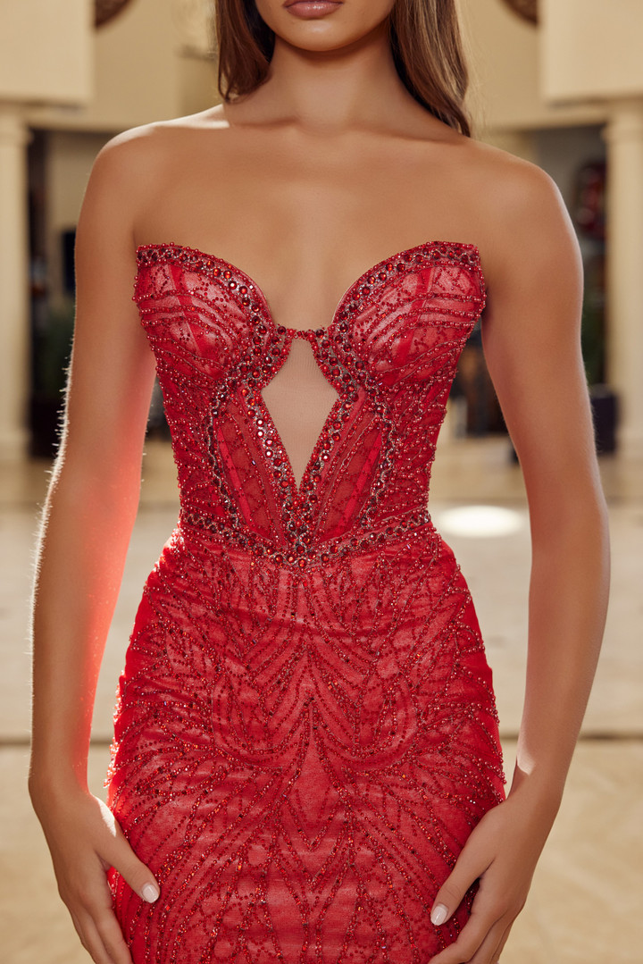 Nox Anabel C1848 Tulle Fully Beaded Keyhole Strapless Gown