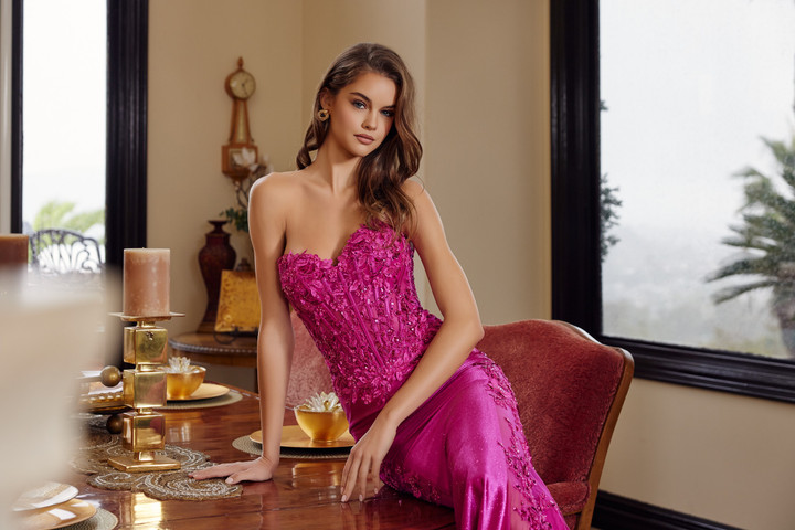 Nox Anabel E1894 Glitter Satin Sheer Boned Strapless Gown