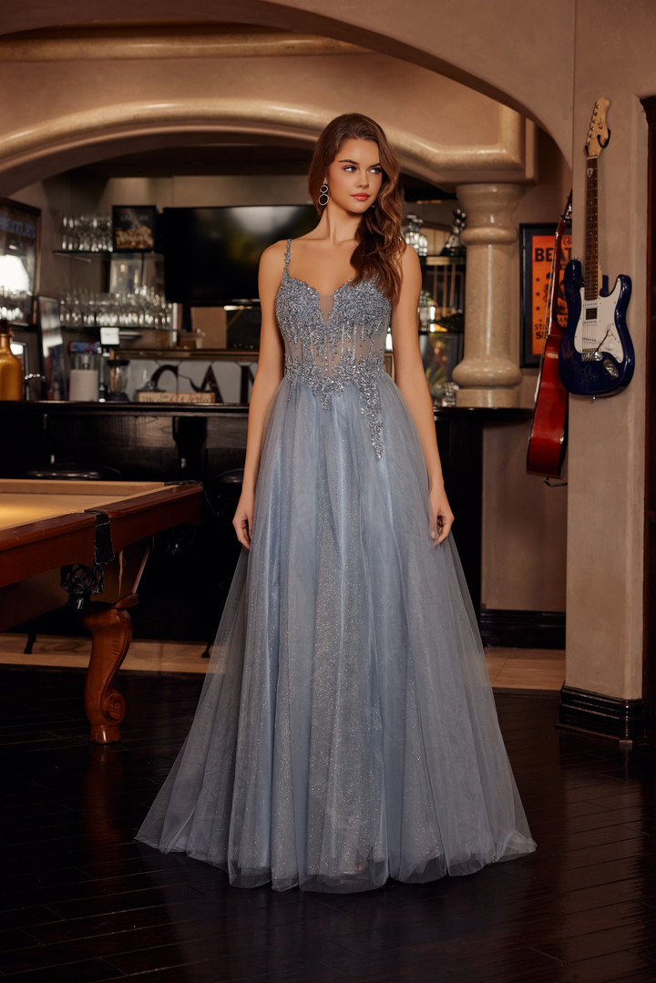 Nox Anabel F1726 Tulle Sequined Beaded Plunging V-neck Gown