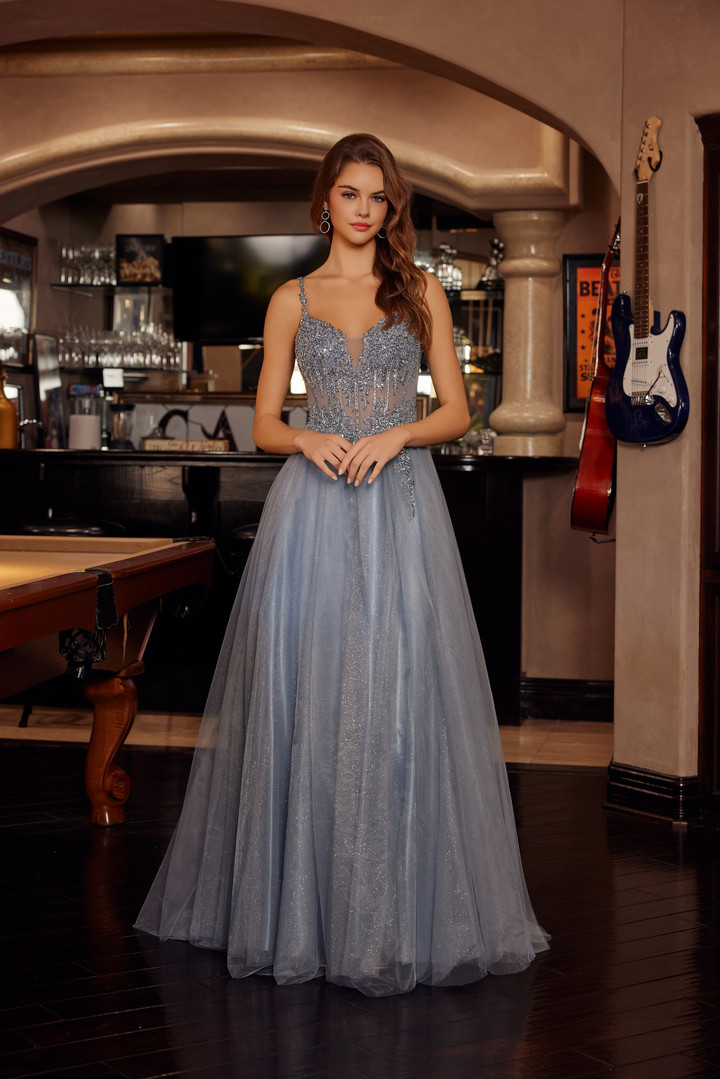 Nox Anabel F1726 Tulle Sequined Beaded Plunging V-neck Gown