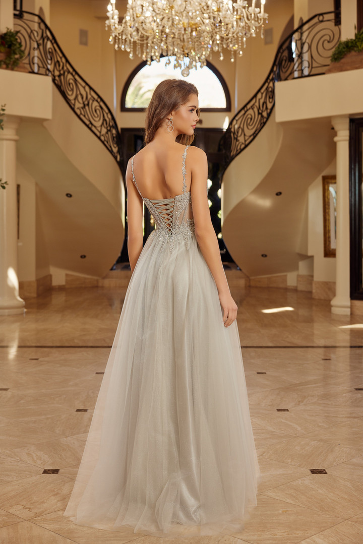 Nox Anabel F1726 Tulle Sequined Beaded Plunging V-neck Gown