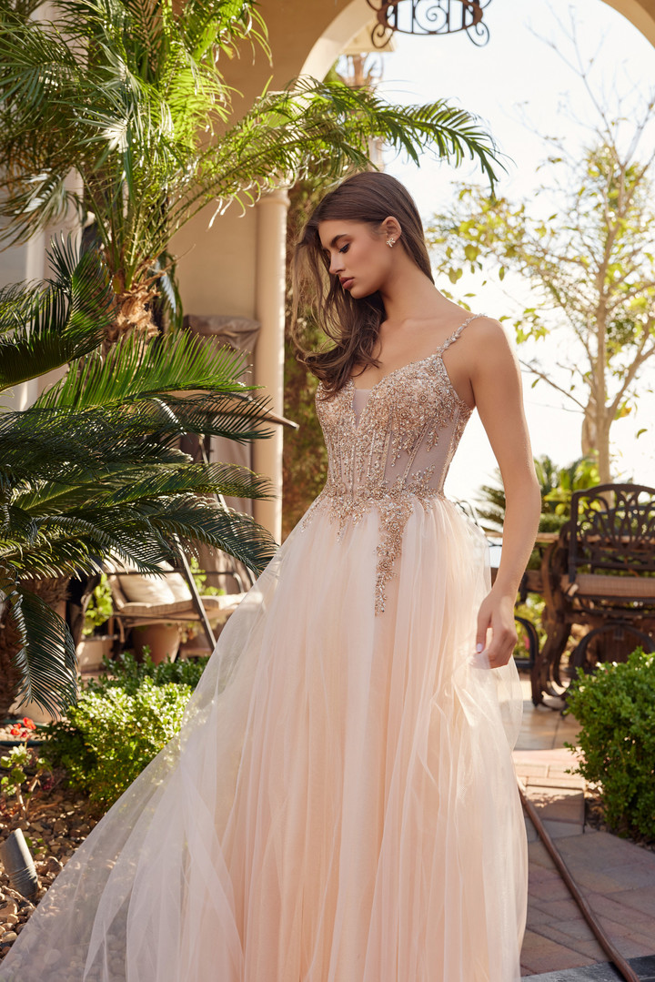 Nox Anabel F1726 Tulle Sequined Beaded Plunging V-neck Gown