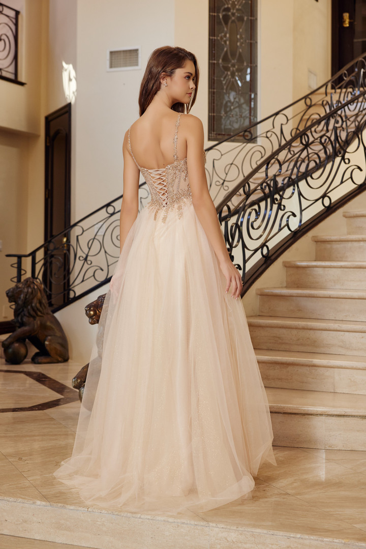 Nox Anabel F1726 Tulle Sequined Beaded Plunging V-neck Gown