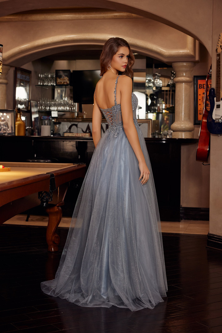 Nox Anabel F1726 Tulle Sequined Beaded Plunging V-neck Gown
