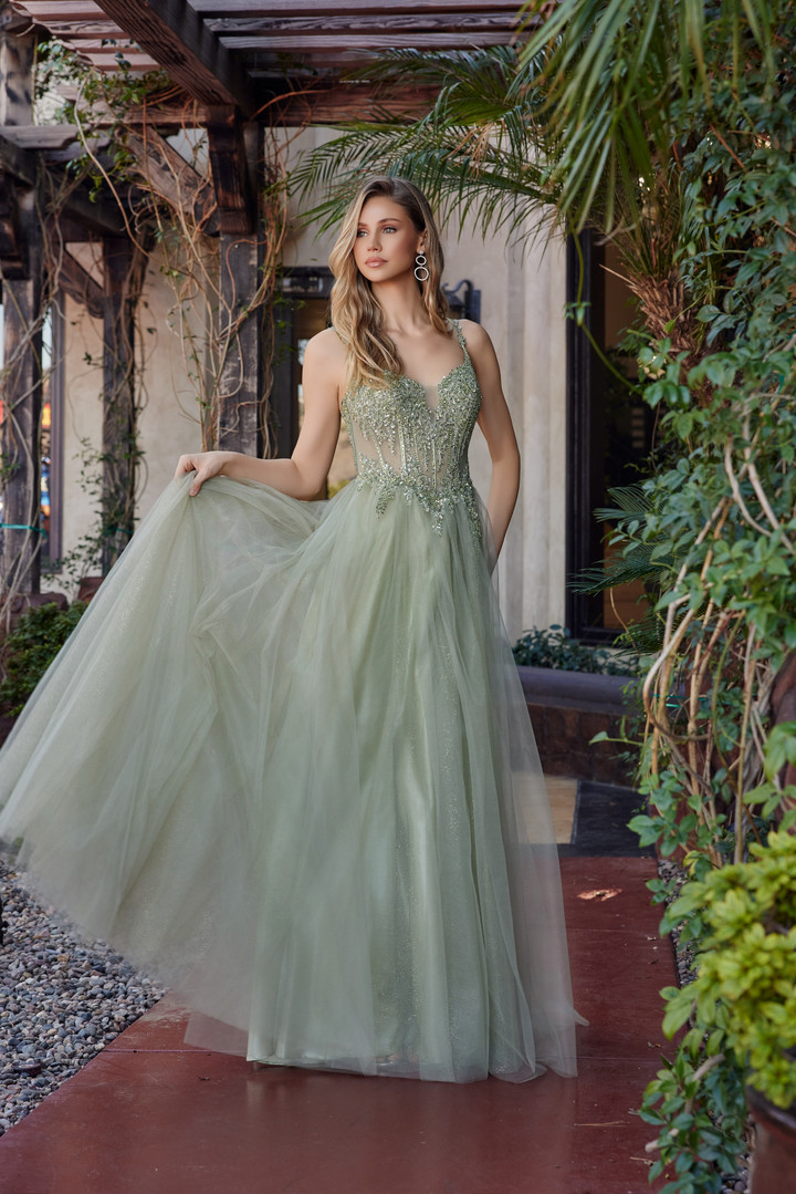Nox Anabel F1726 Tulle Sequined Beaded Plunging V-neck Gown