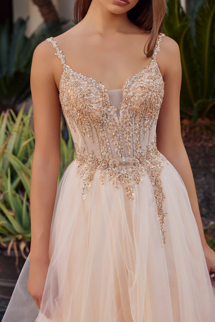 Nox Anabel F1726 Tulle Sequined Beaded Plunging V-neck Gown
