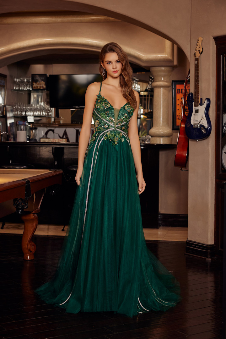 Nox Anabel G1795 Tulle Embroidered Plunging V-neck Gown