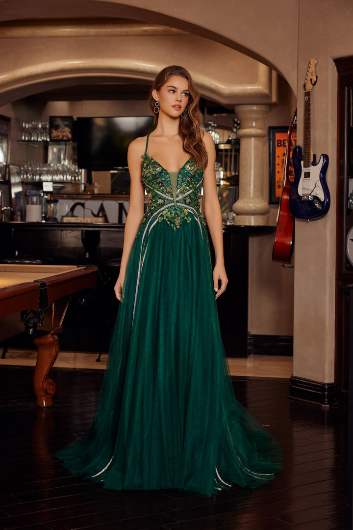 Nox Anabel G1795 Tulle Embroidered Plunging V-neck Gown