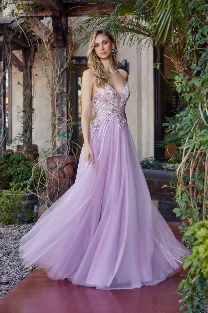 Nox Anabel G1795 Tulle Embroidered Plunging V-neck Gown