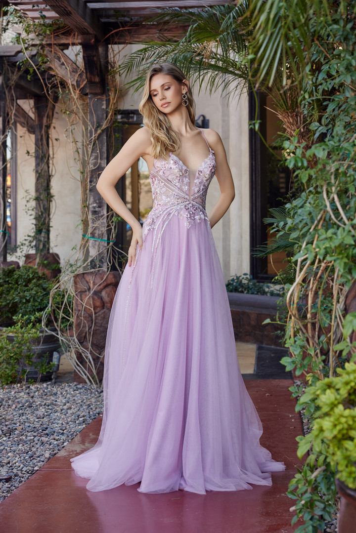 Nox Anabel G1795 Tulle Embroidered Plunging V-neck Gown