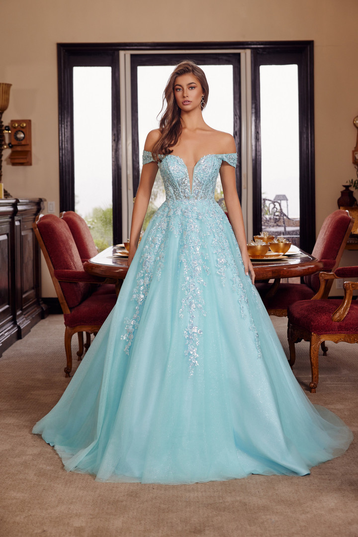 Nox Anabel H1881 Off Shoulder Plunging V-neckline Ball Gown