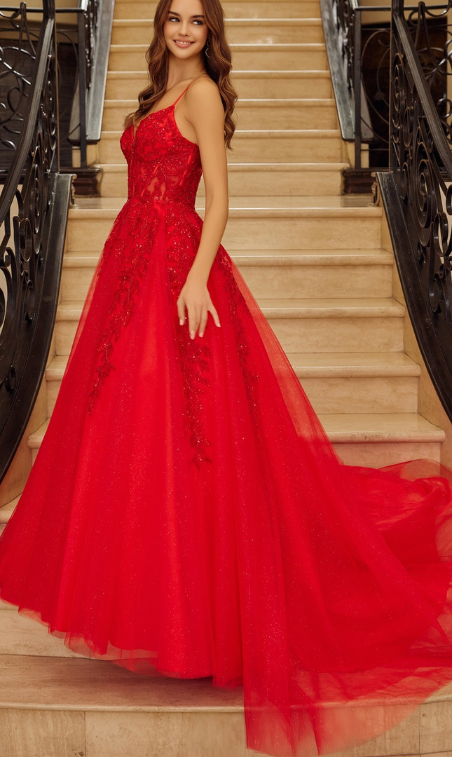 Nox Anabel H1883 Plunging V-Neckline Spaghetti Straps Gown