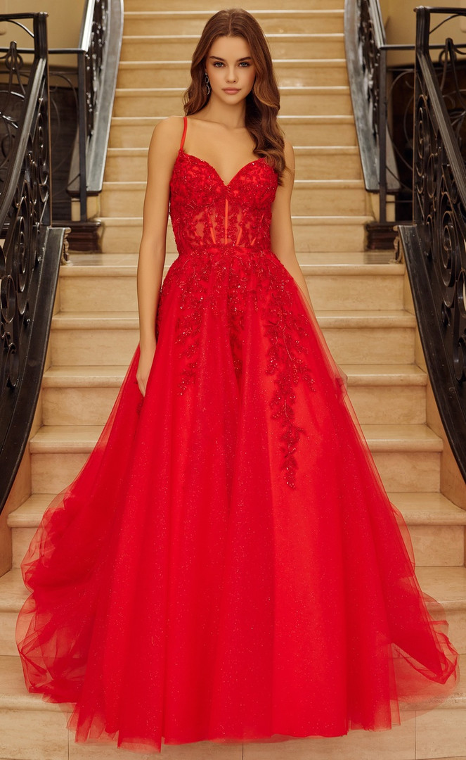 Nox Anabel H1883 Plunging V-Neckline Spaghetti Straps Gown