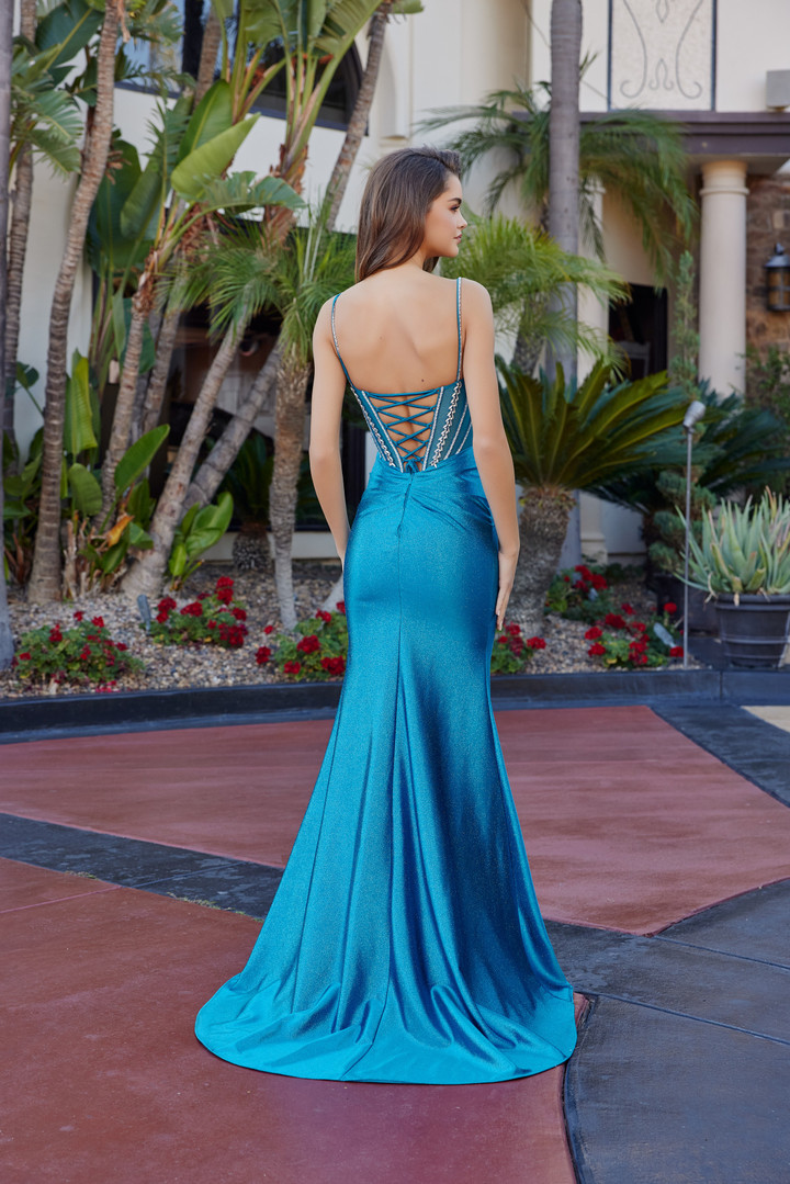 Nox Anabel L1769 Stretch Satin Glitter Spaghetti Straps Gown