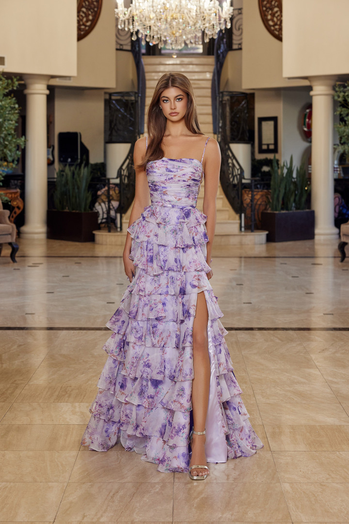 Nox Anabel Q1777 Floral Print Straight Across Pleated Gown