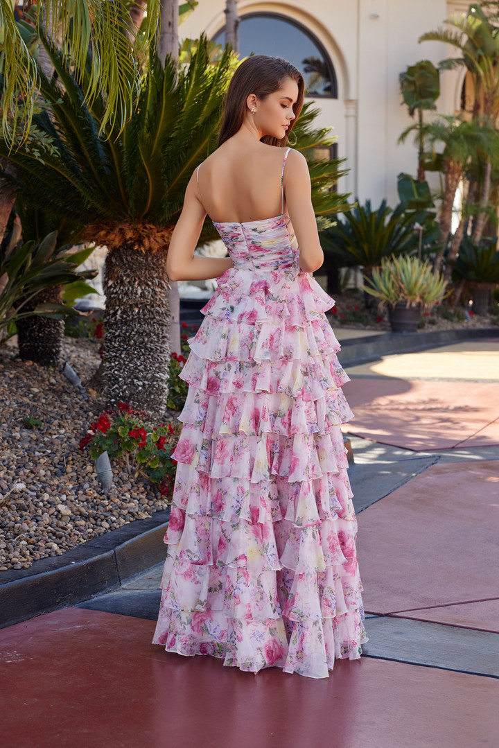 Nox Anabel Q1777 Floral Print Straight Across Pleated Gown