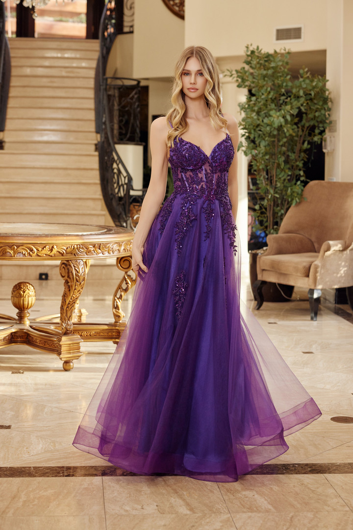 Nox Anabel Q1778 Tulle Embroidered V-neck Thin Straps Gown