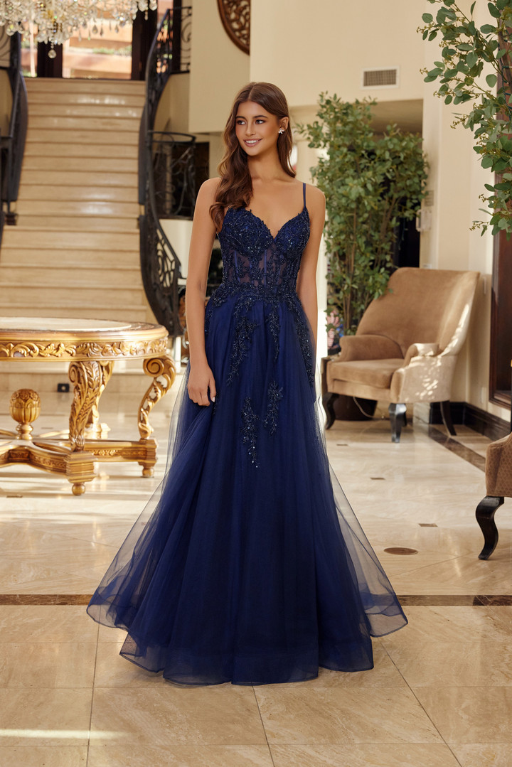Nox Anabel Q1778 Tulle Embroidered V-neck Thin Straps Gown