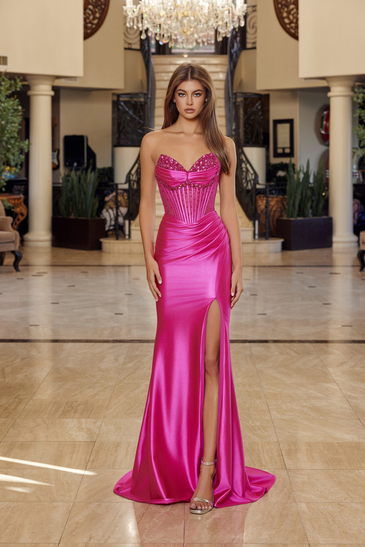 Nox Anabel R1812 Shiny Satin Beaded V-neck Strapless Gown