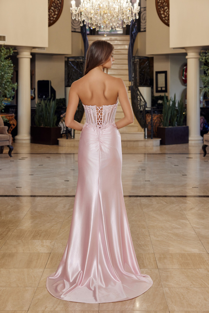 Nox Anabel R1816 Shiny Satin Scoop Neck Strapless Prom Gown