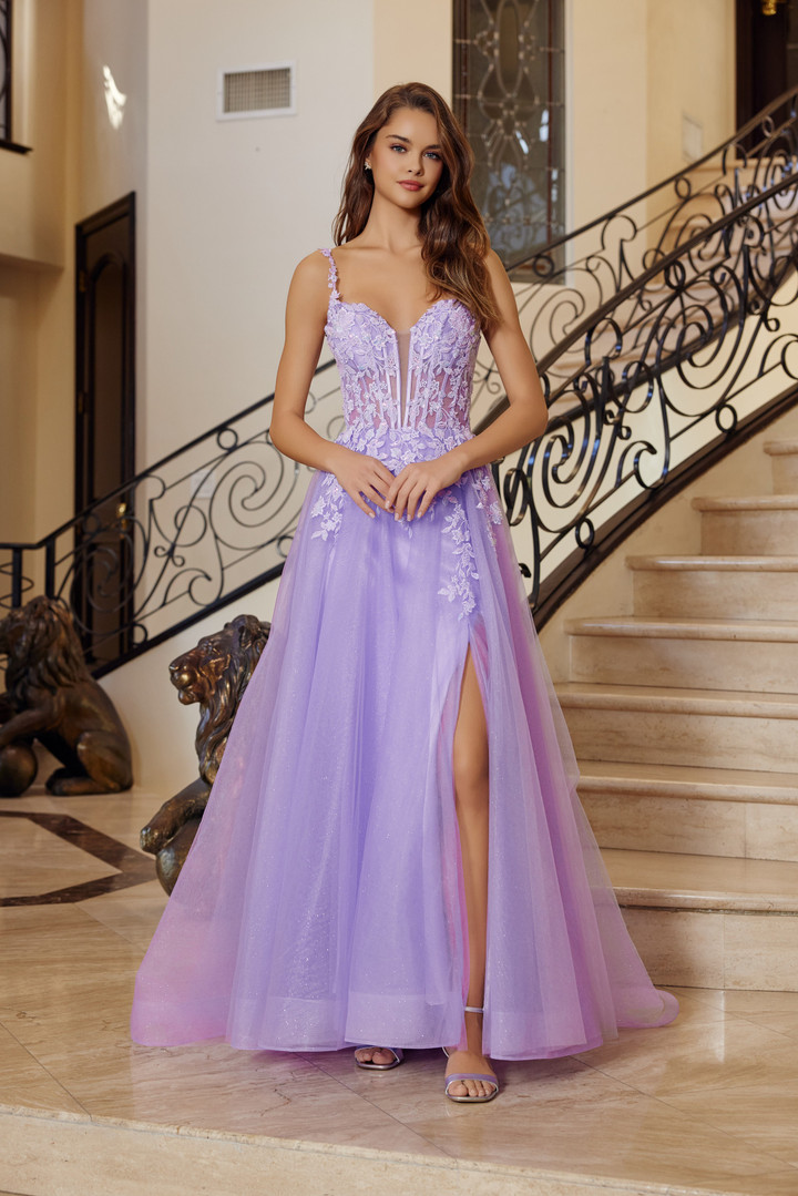 Nox Anabel R1824 Embroidery Plunging Neck Thin Straps Gown