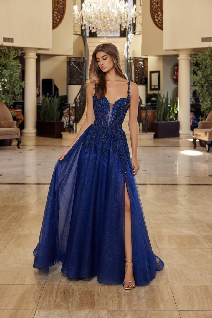 Nox Anabel R1824 Embroidery Plunging Neck Thin Straps Gown