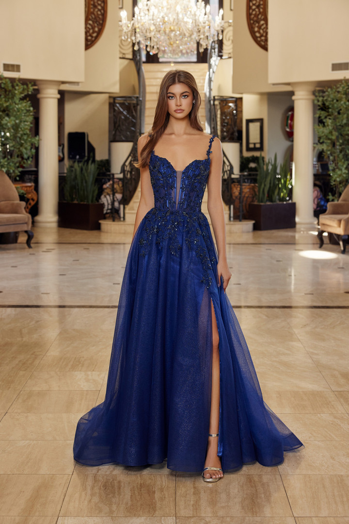 Nox Anabel R1824 Embroidery Plunging Neck Thin Straps Gown