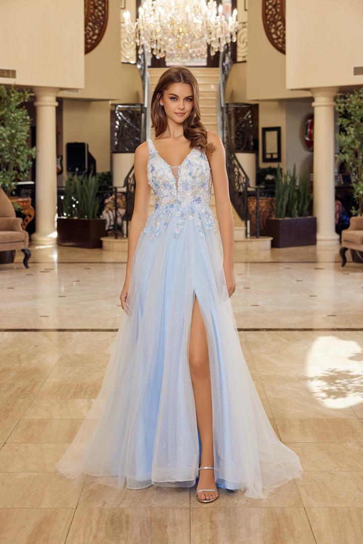 Nox Anabel Y1799 Tulle Flower Embroidered Plunging Neck Gown