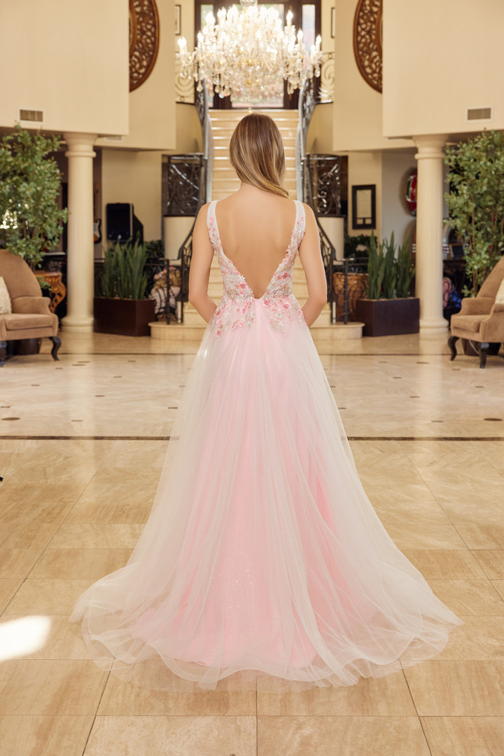 Nox Anabel Y1799 Tulle Flower Embroidered Plunging Neck Gown
