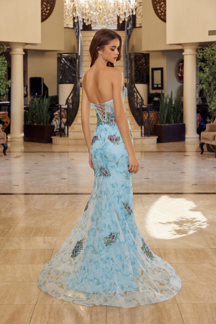 Nox Anabel Y1801 Tulle Flower Embroidered Strapless Gown
