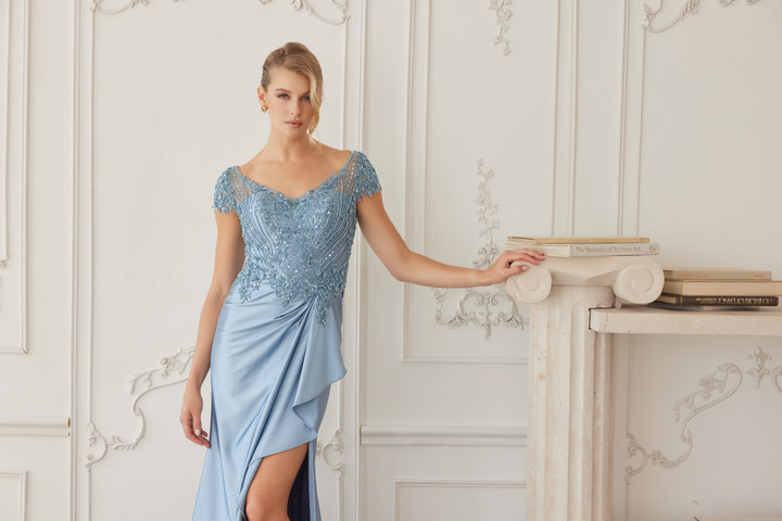 Nox Anabel MD155 Satin Beaded V-neckline Short Sleeves Gown
