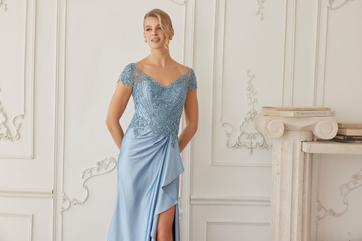 Nox Anabel MD155 Satin Beaded V-neckline Short Sleeves Gown