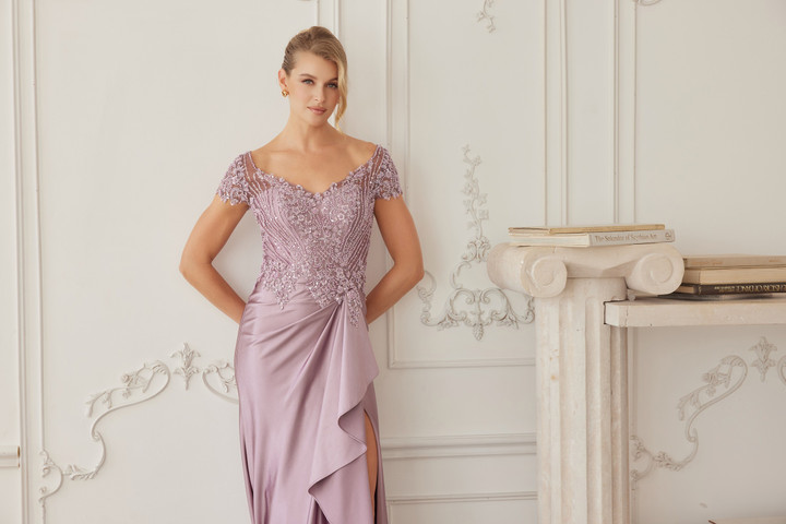 Nox Anabel MD155 Satin Beaded V-neckline Short Sleeves Gown