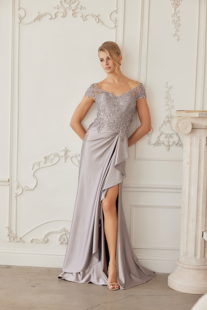 Nox Anabel MD155 Satin Beaded V-neckline Short Sleeves Gown