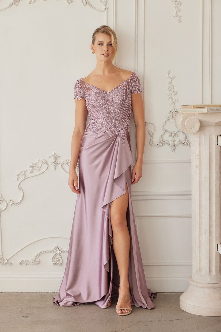 Nox Anabel MD155 Satin Beaded V-neckline Short Sleeves Gown