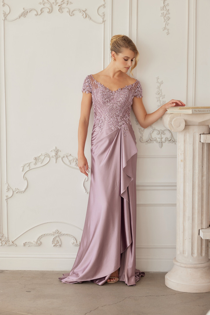 Nox Anabel MD155 Satin Beaded V-neckline Short Sleeves Gown